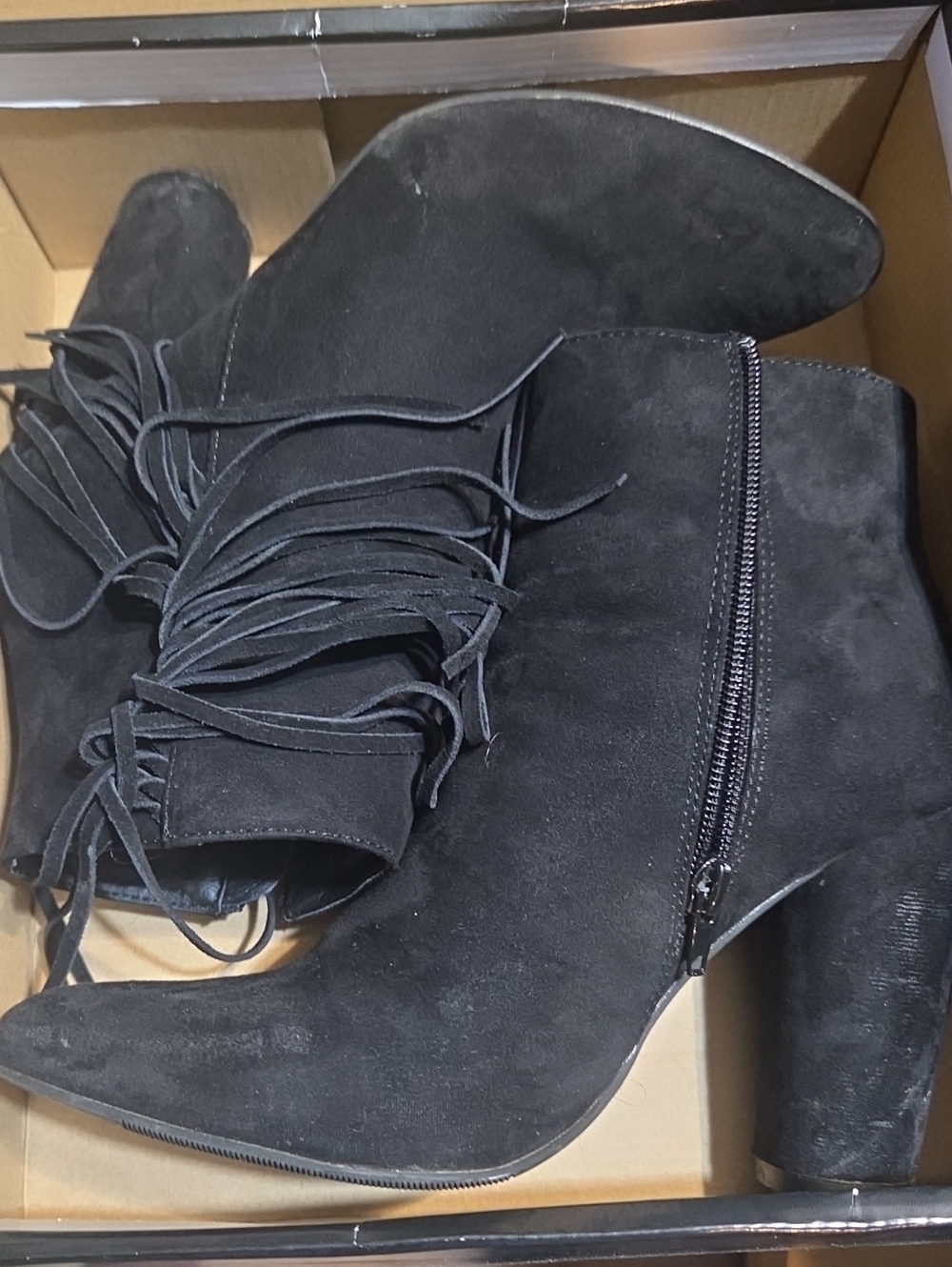 Suede Fringe Ankle Boots - Black